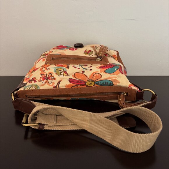 Lucky Brand Flowers and Butterfly Patterned Canvas Brown Suede Shoulder Bag - Picture 7 of 13